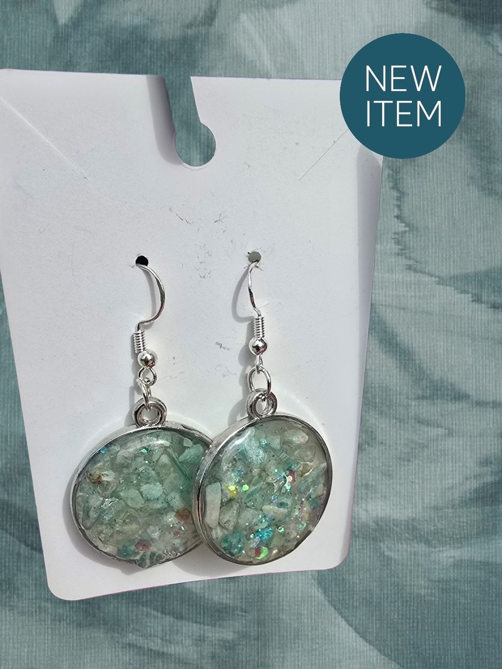 Silver Aquamarine Crystal Stone Resin Round Drop Earrings - Women Jewelry